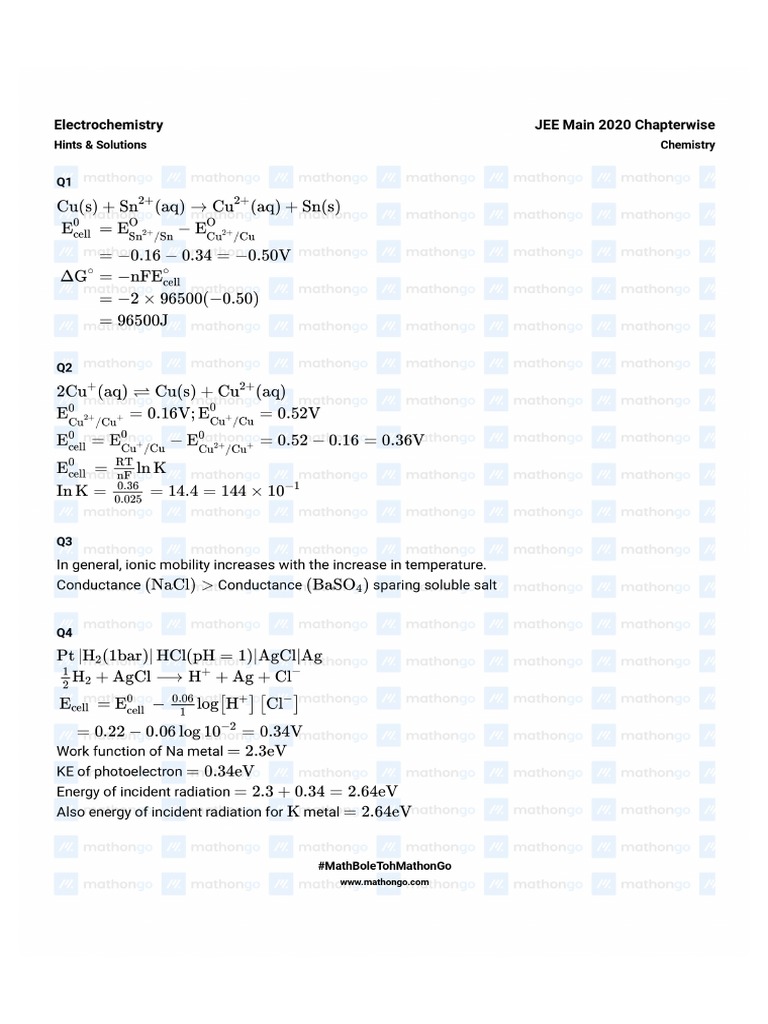 Electrochemistry Solutions Jee Main 2020 Chapterwise Question Bank