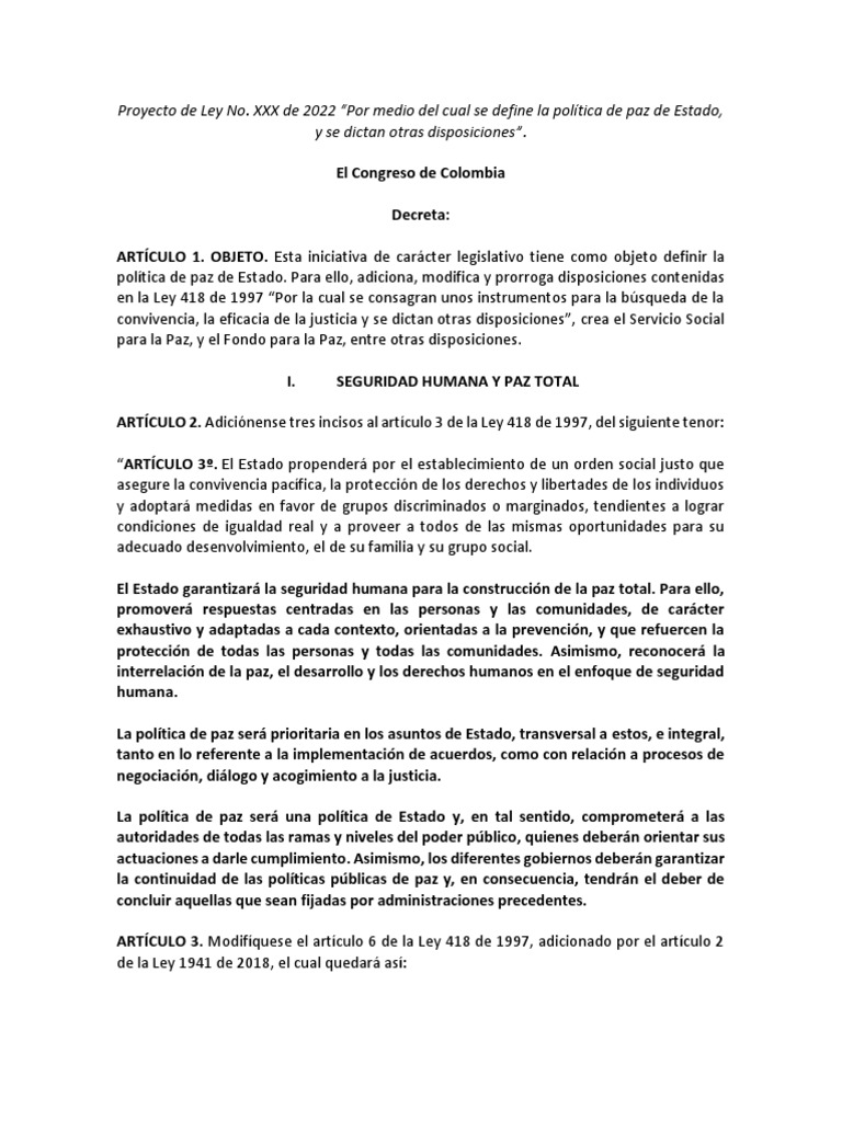 Ley de Paz Total en Colombia | PDF | Trabajo Social | Paz