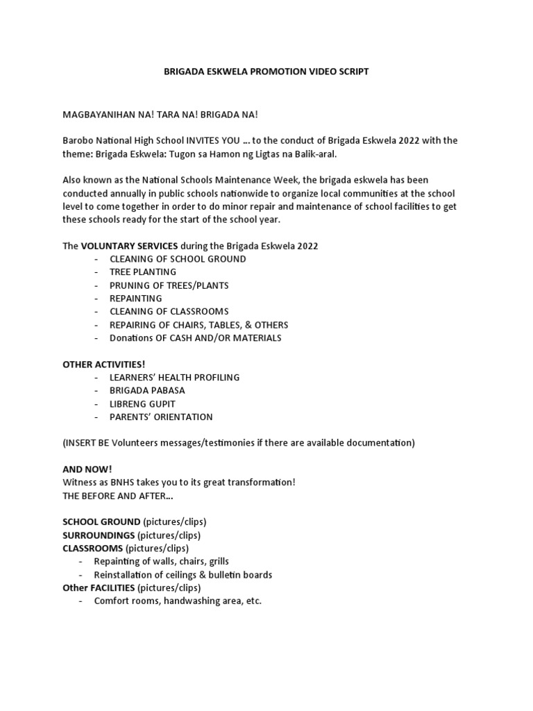Brigada Eskwela 2022 Promotion Video Script | PDF