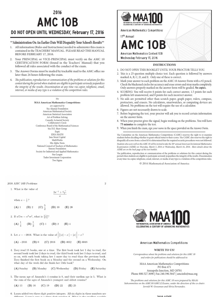 Amc 10B Amc 10B Administration On An Earlier Date Will Disqualify Your