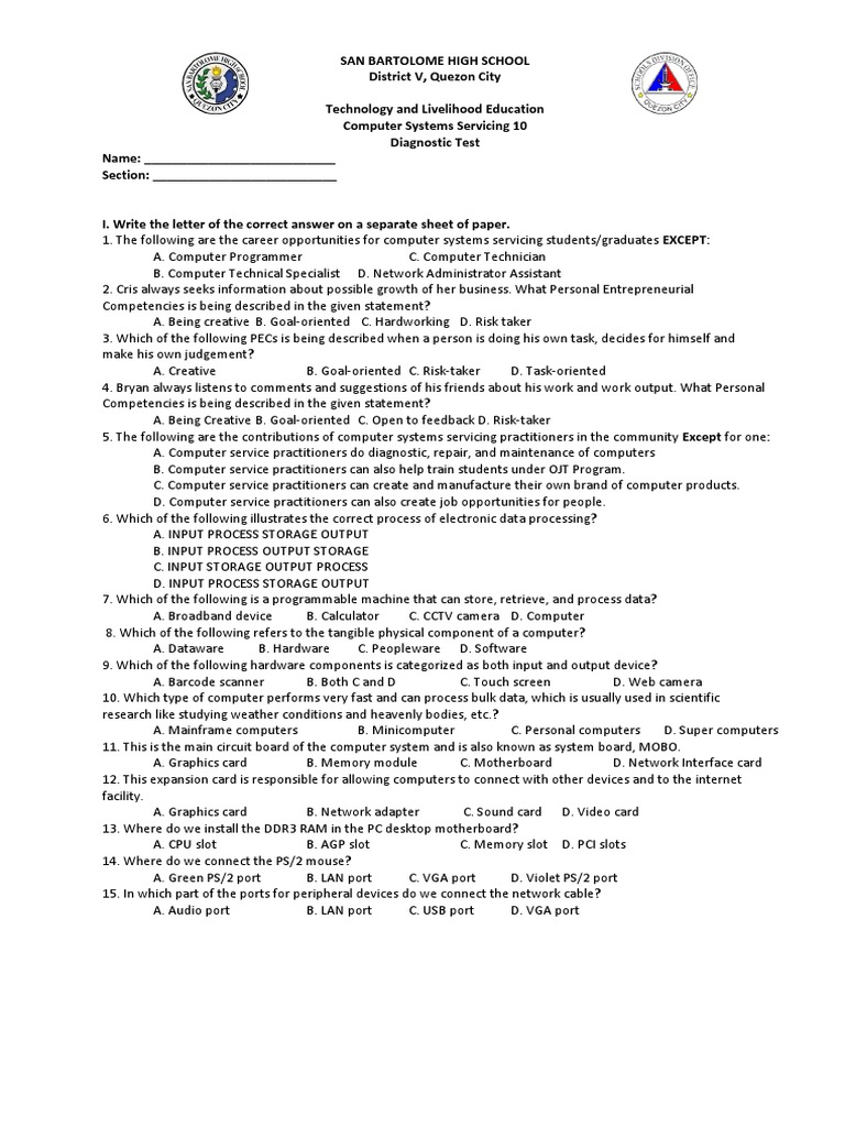 Grade 10 Computer Systems Servicing Test | PDF | Personal Computers ...