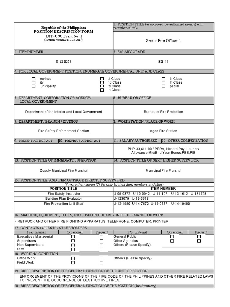 Republic of the philippines position description form bfp csc form no