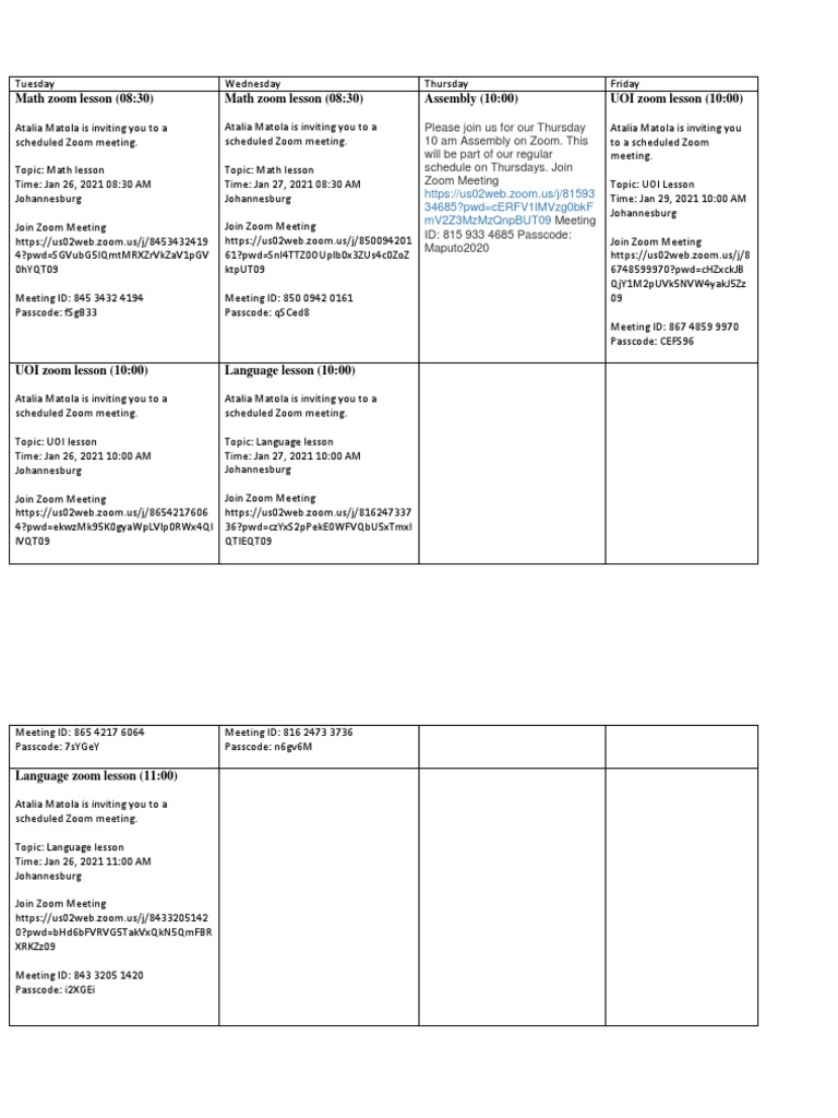 Math Zoom Lesson (0830) Math Zoom Lesson (0830) Assembly (1000) UOI