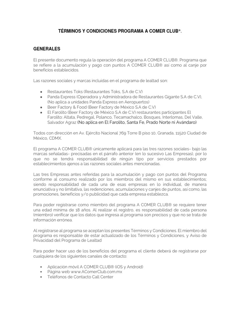 Términos y Condiciones A Comer Club® | PDF | Cupón | Entrega (Comercio)