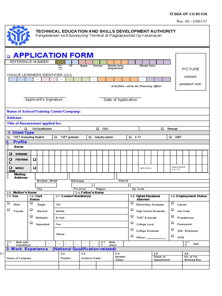 TESDA Assessment Application Form | PDF