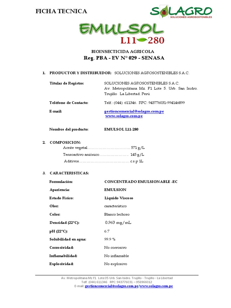 Ficha Técnica de Emulsión Emulsol L11-280 | PDF | Química | Sustancias ...