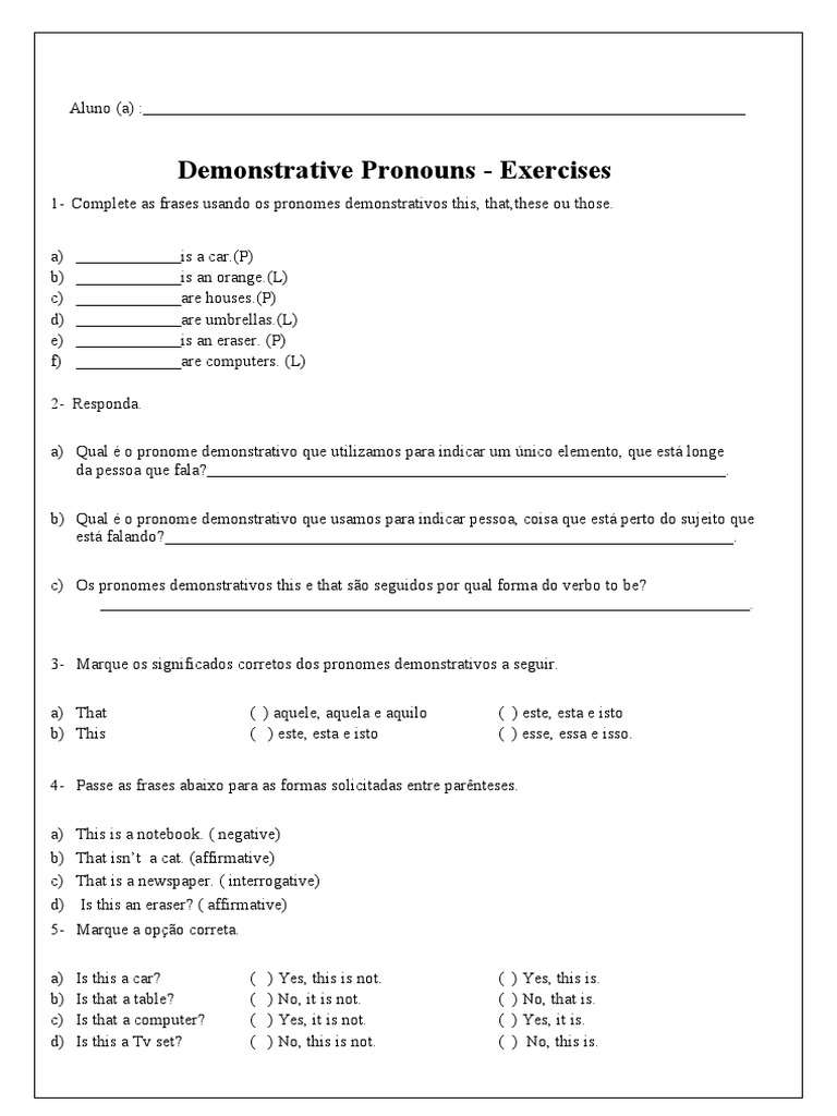Exercícios sobre Pronomes Demonstrativos | PDF | Pronome | Ciência ...