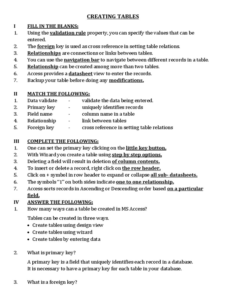 Creating tables i fill in the blanks pdf table database computing