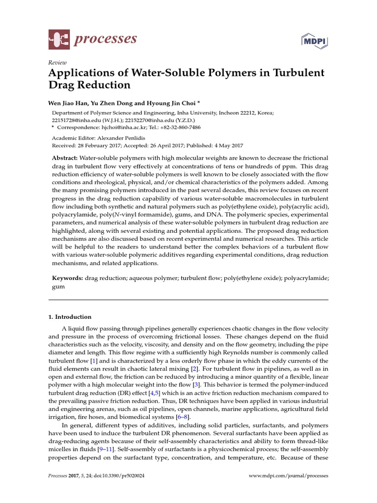 Processes: Applications of Water-Soluble Polymers in Turbulent Drag ...