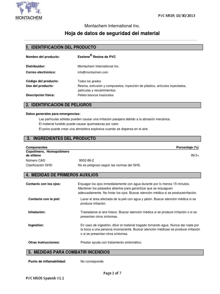 PVC MSDS Spanish V1.1 | PDF | Agua | Administración de Seguridad y ...