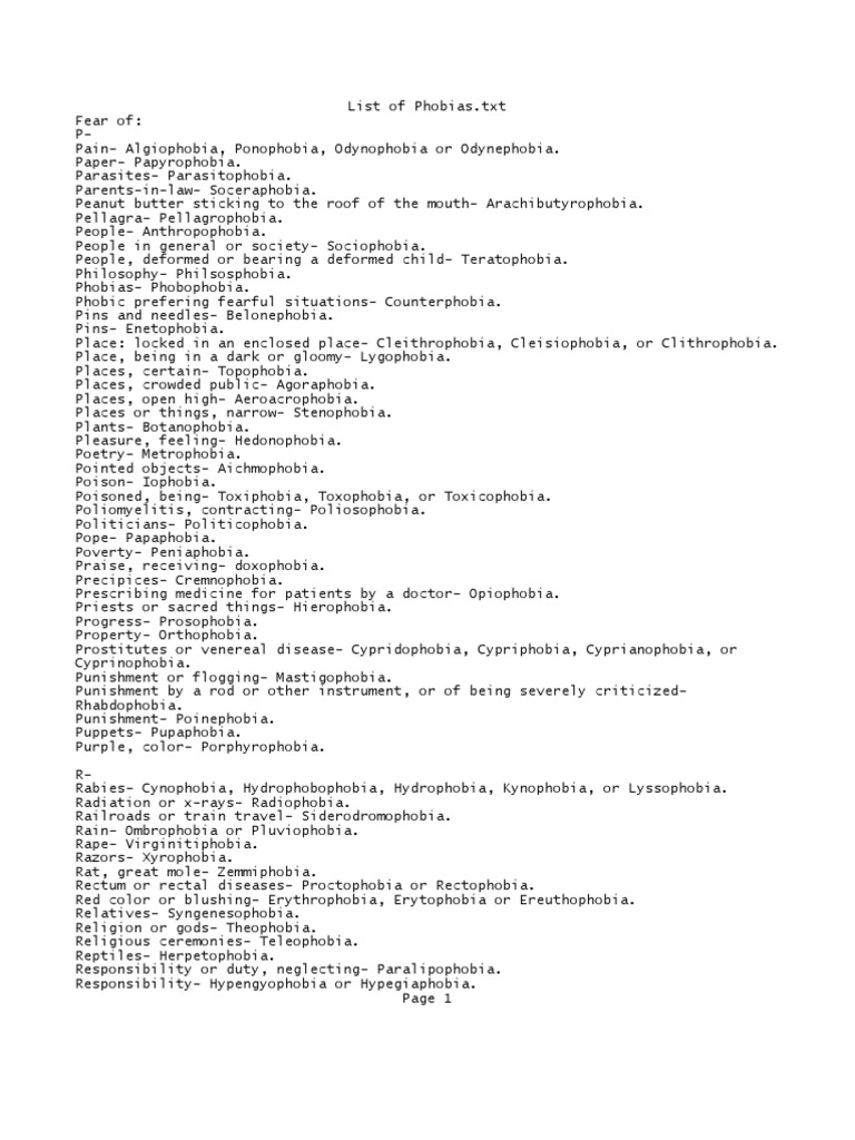 List of Phobias PDF Phobia Medical Diagnosis
