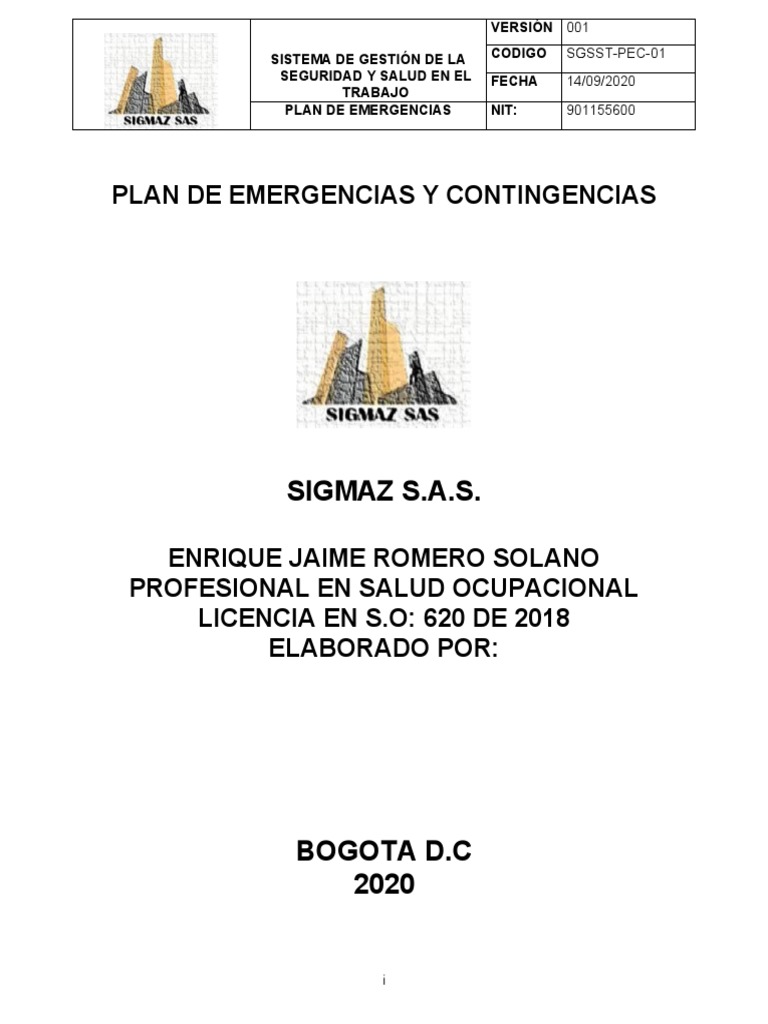 Plan de Emergencias y Contingencias | PDF | Riesgo | Primeros auxilios