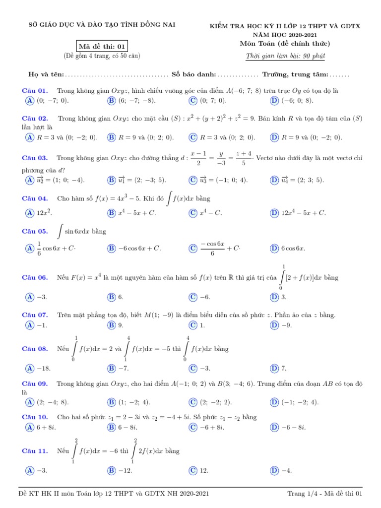 De Thi Hoc Ky 2 Toan 12 Nam 2020 2021 So GDDT Tinh Dong Nai | PDF