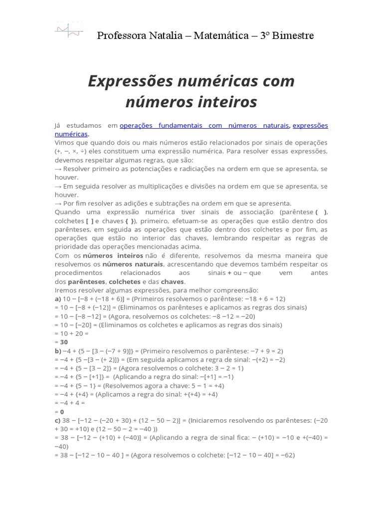 Expressões Numéricas Com Números Inteiros | Download grátis PDF ...