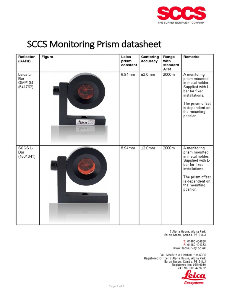 SCCS Monitoring Prism Datasheet Reflector (SAP) Leica Prism Constant