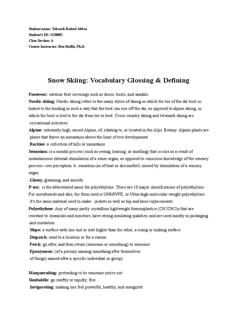 Snow Skiing Vocabulary Glossing & Defining PDF