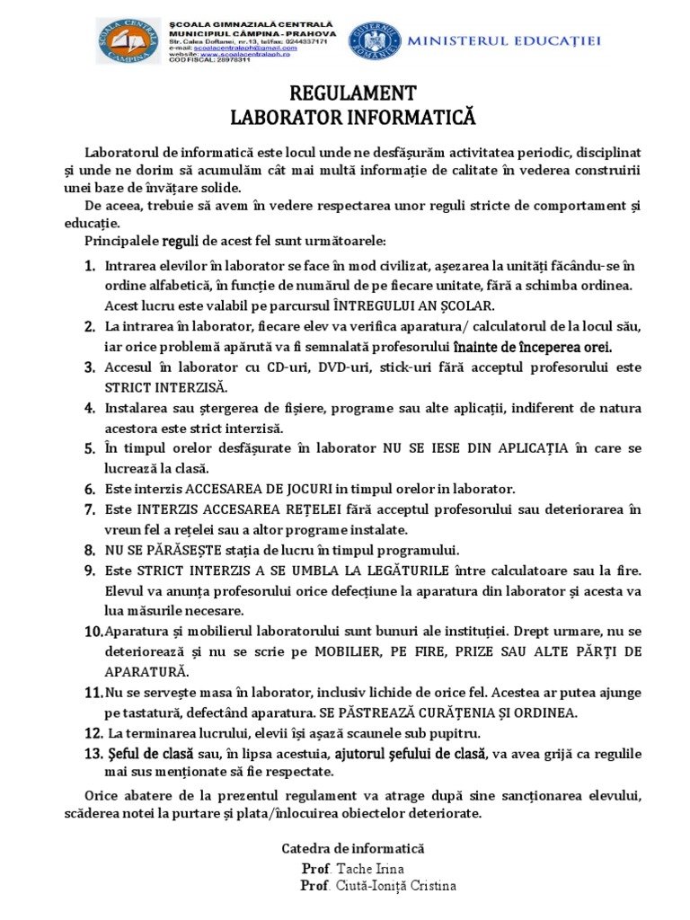 LABORATOR INFORMATICĂ - Regulament | PDF