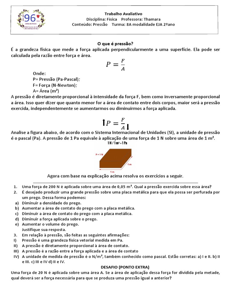 Trabalho avaliativo sobre press o para a disciplina de f sica pdf