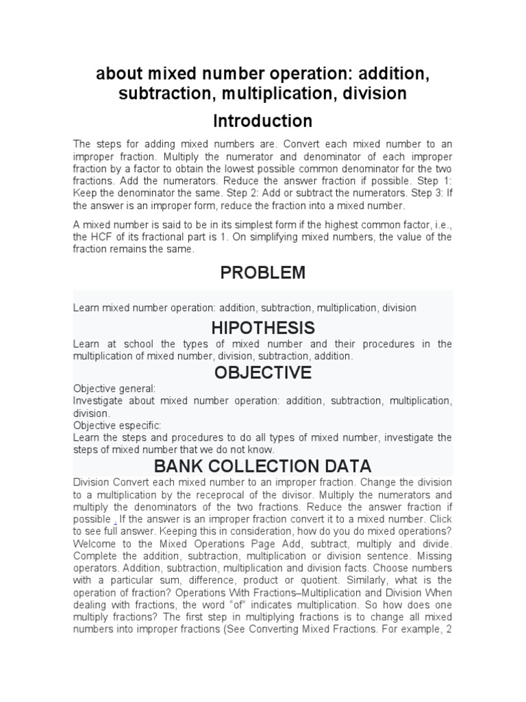 About Mixed Number Operation PDF Mathematical Notation Numbers