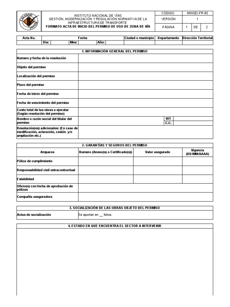 Acta de Inicio Permiso Zona de Vía | PDF