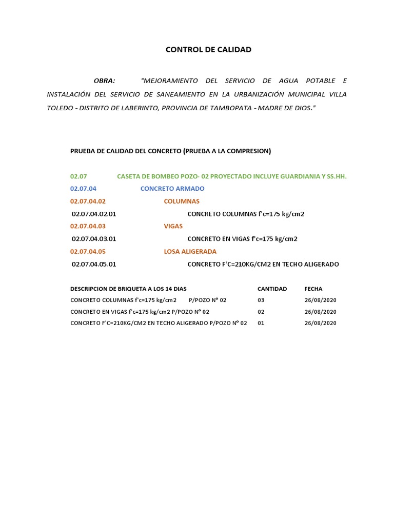 Control de Calidad en Concreto para Agua Potable | PDF