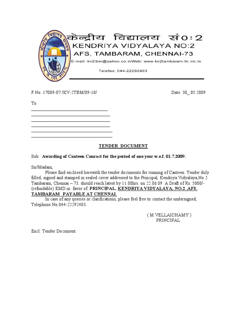 Tender Form For Canteen Contract PDF Lunch Employment