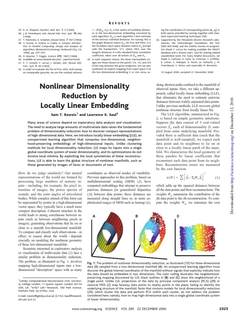 Nonlinear Dimensionality Reduction by Locally Linear Embedding | PDF ...