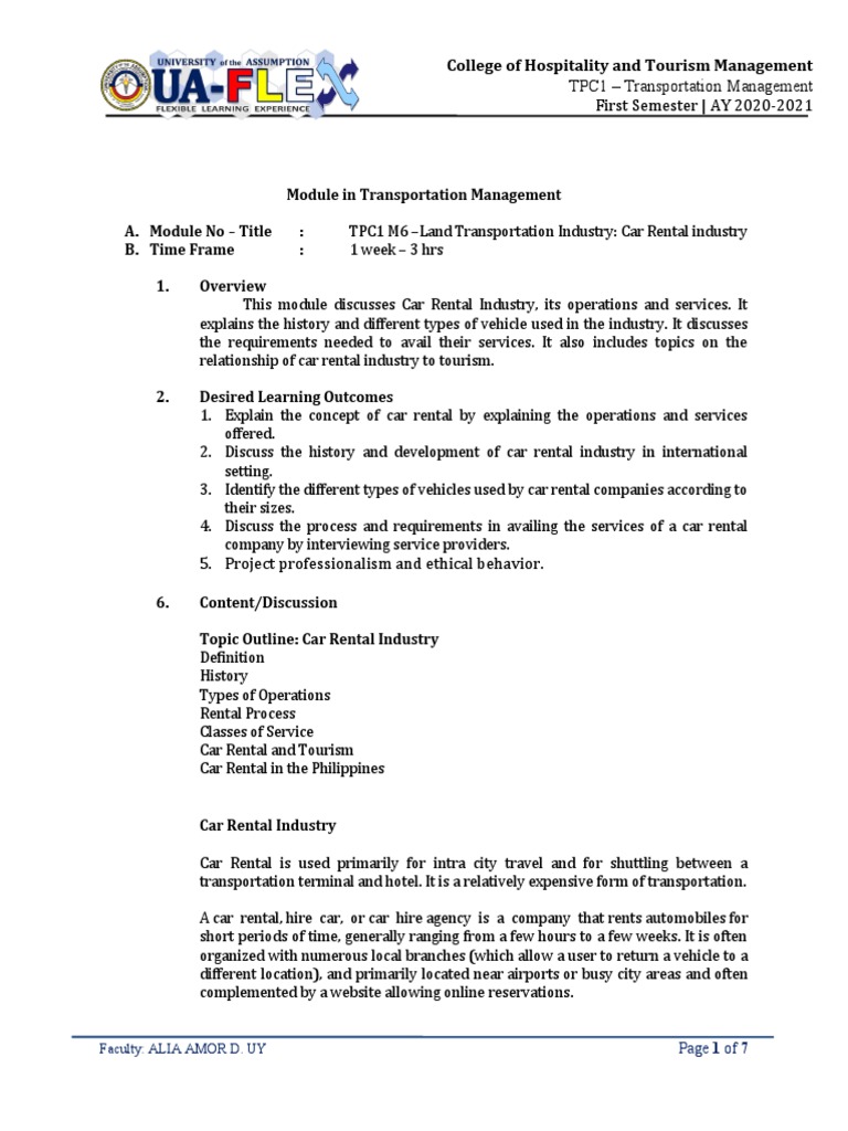 M6 Land Transportation Industry Car Rental PDF Car Rental Land