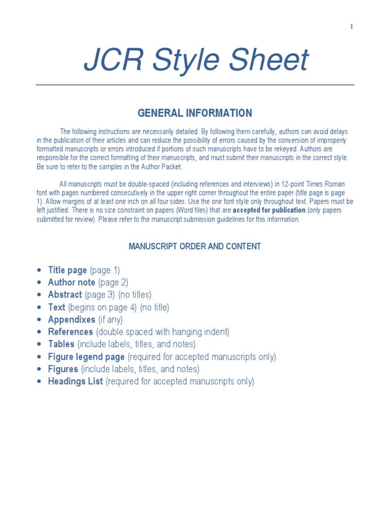 JCR Style Sheet | Download Free PDF | Paragraph | Citation
