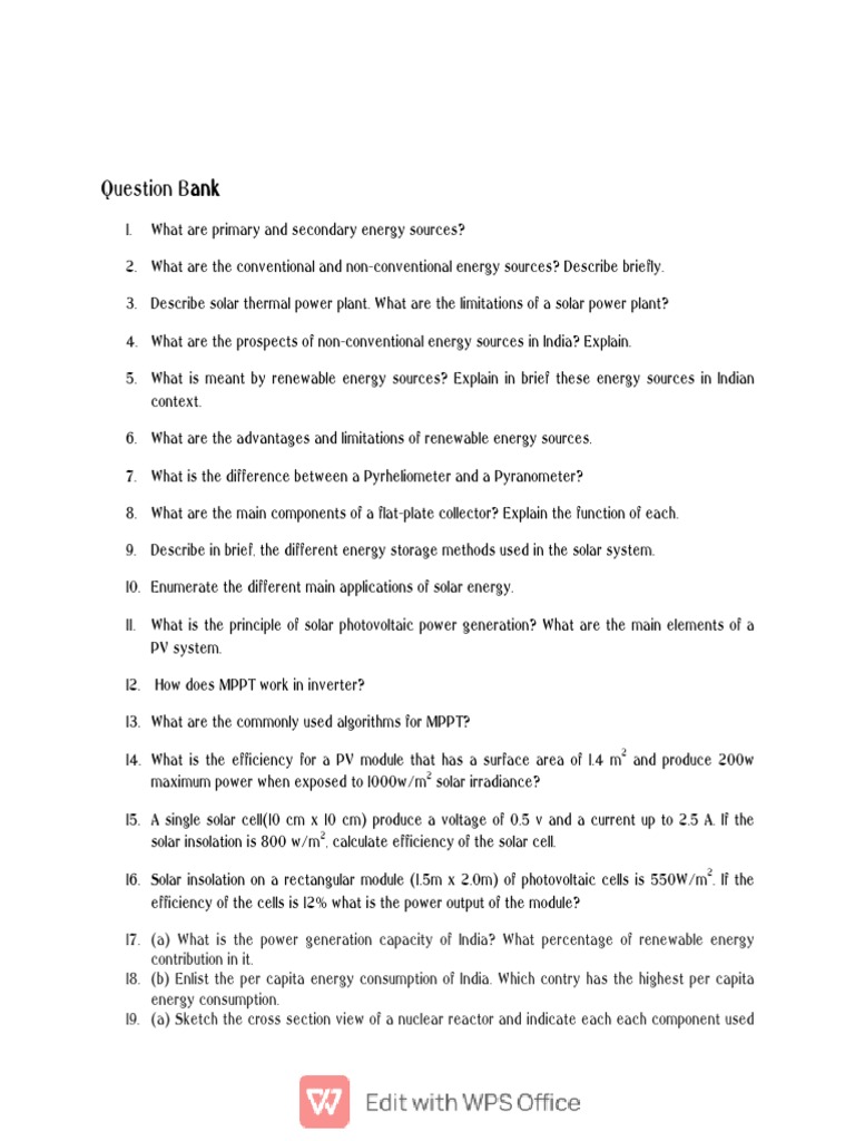 Comprehensive Energy Sources Question Bank | PDF | Solar Power ...