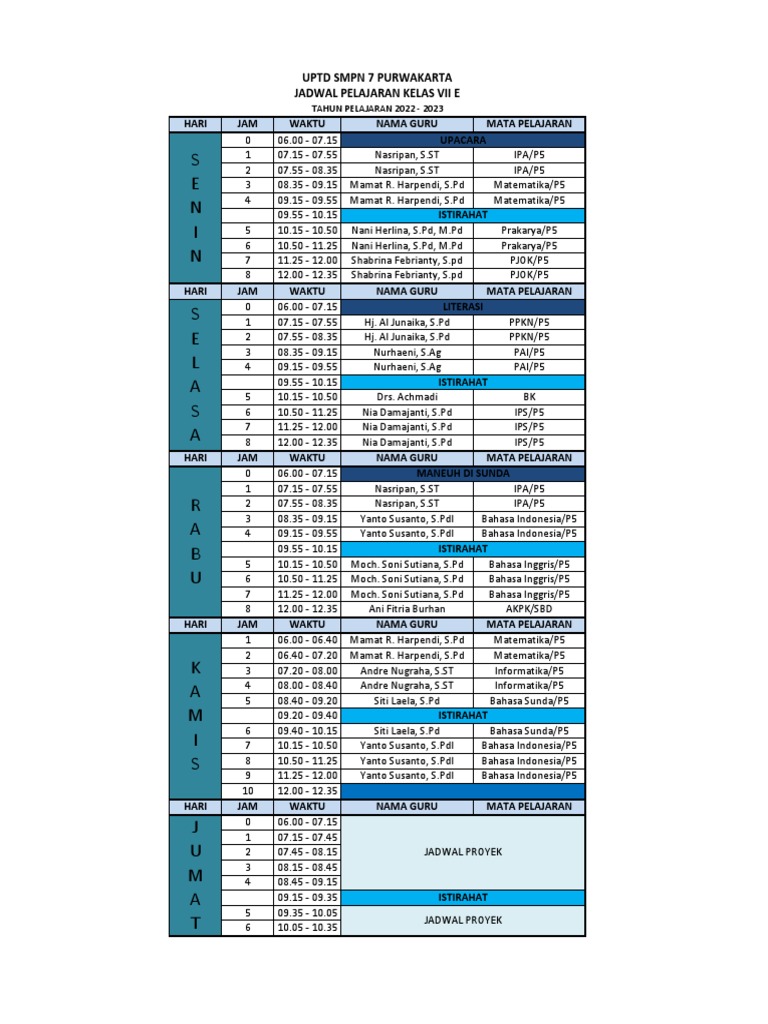 Jadwal Pelajaran Kelas VII SMPN 7 Purwakarta | PDF