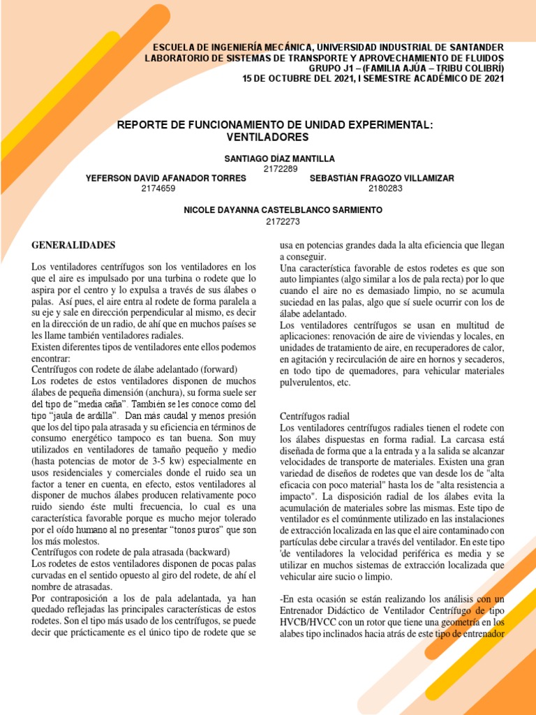 Reporte de Funcionamiento Ventiladores Trbu Colibrí | PDF | Presión ...
