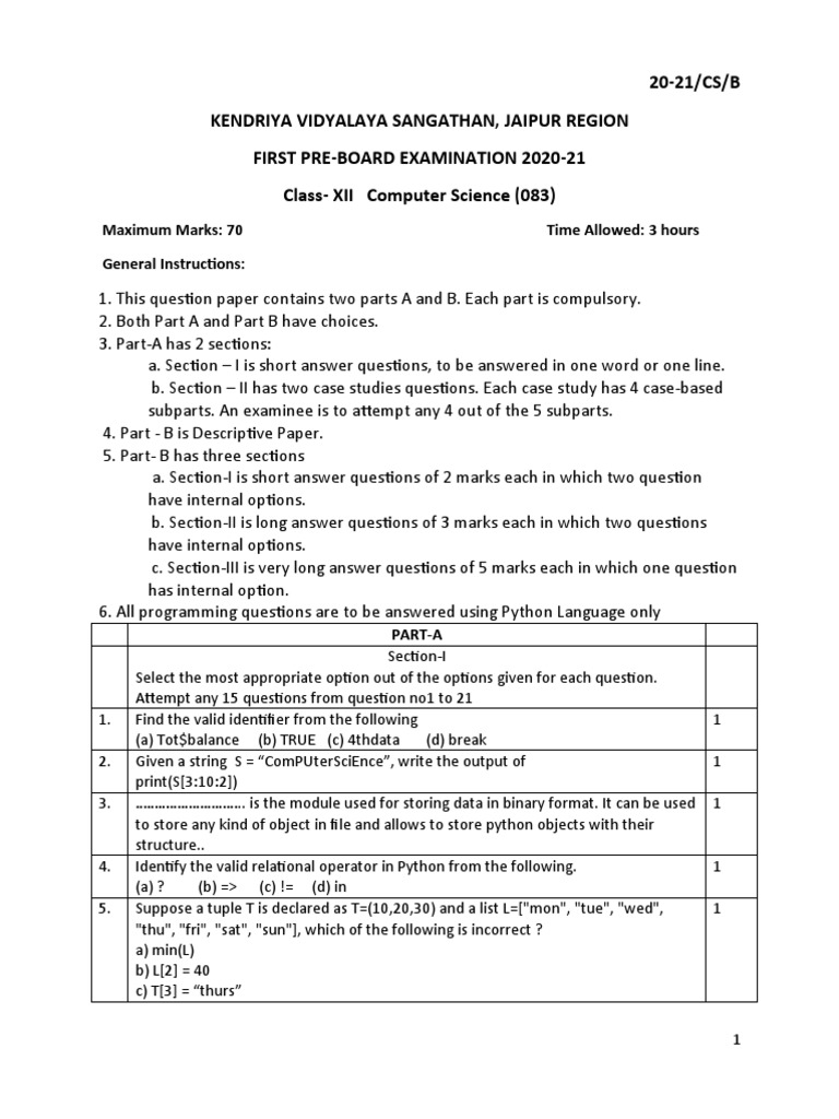 XII CS PBI Sample PaperVIII by KVS RO Jaipur PDF Computer Network