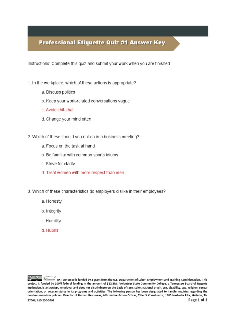 Professional Etiquette Unit 1 Quiz Answer Key PDF Discrimination