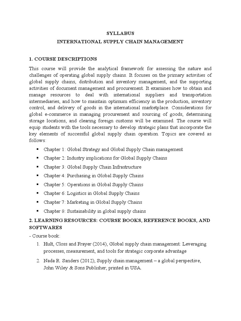 Syllabus PDF Supply Chain Supply Chain Management