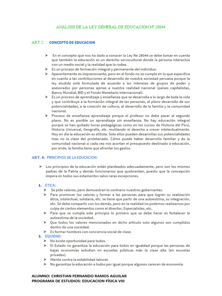 Análisis de la Ley 28044 de Educación | PDF | Inclusión (Educación ...