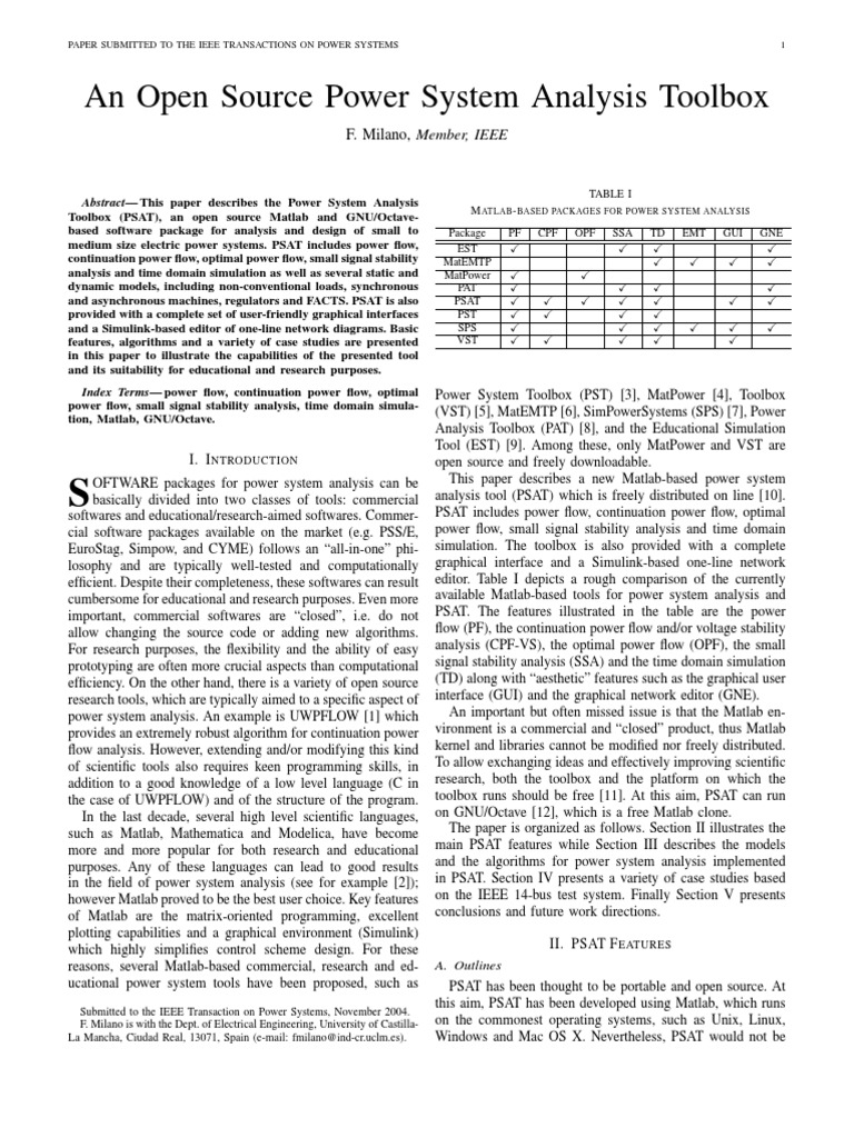 An Open Source Power System Analysis Toolbox F. Milano, Member, IEEE PDF