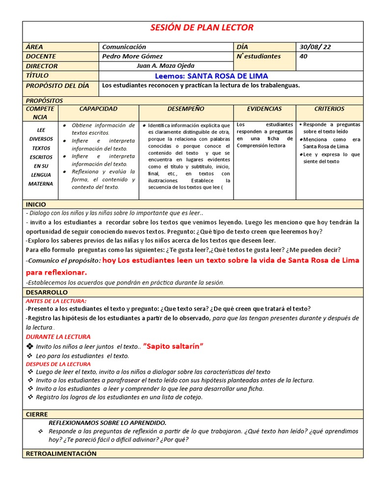 Sesion Plan Lector V Ciclo | PDF | Comprensión lectora | Aprendizaje