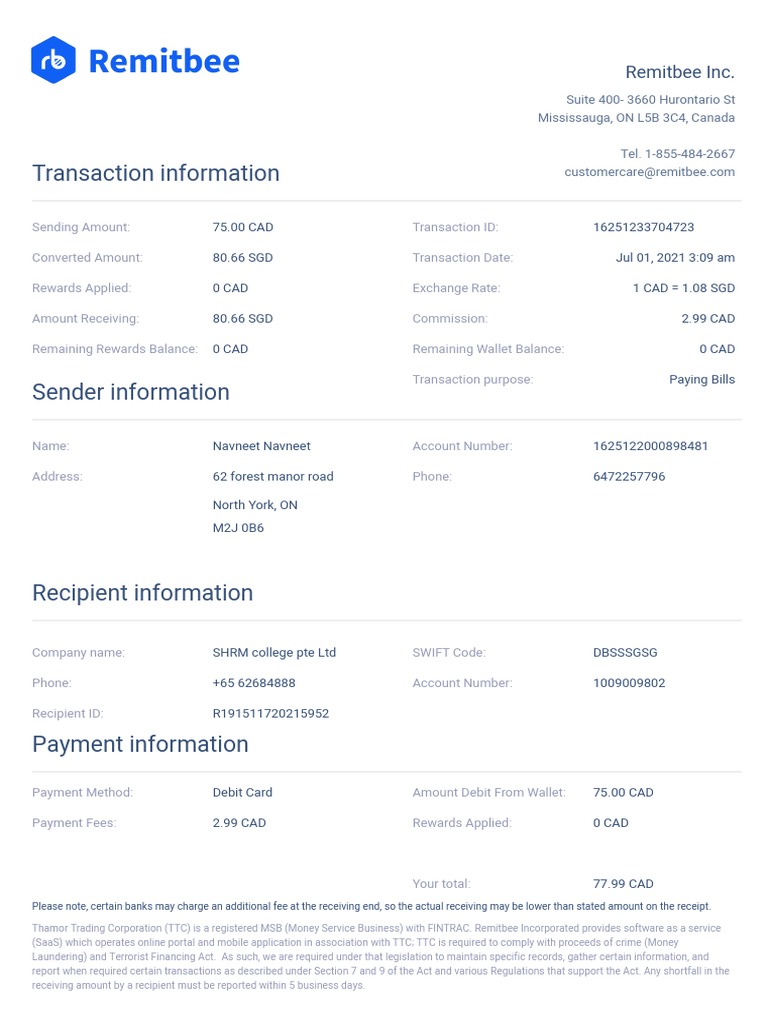 Transaction Information: Remitbee Inc | PDF | Payments | Debit Card
