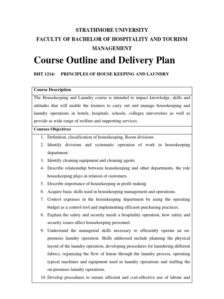 Course Outline for Housekeeping and Laundry Housekeeping Laundry