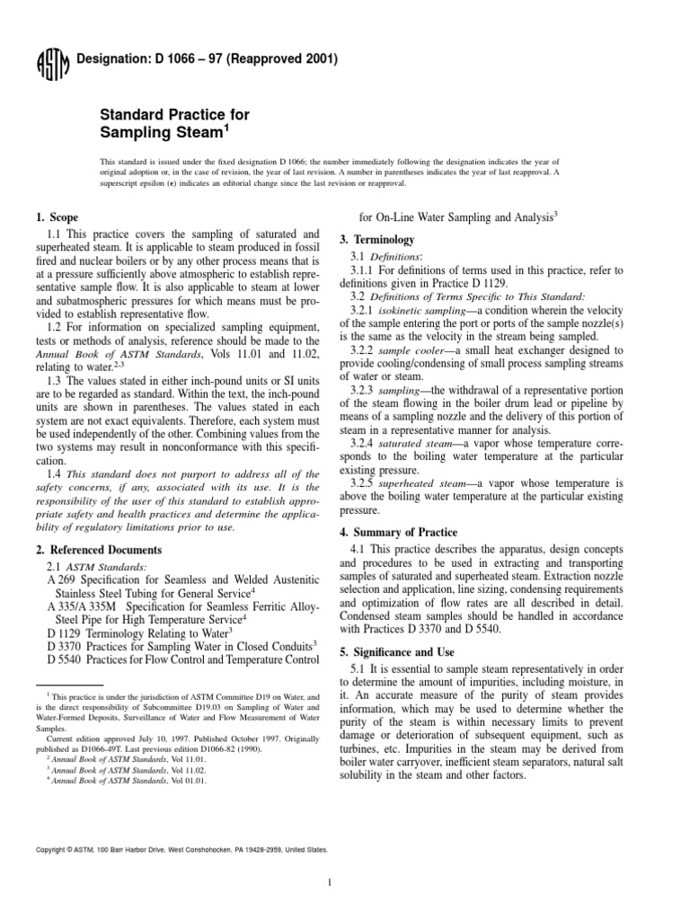 Astm d1066 1997 standard practice for sampling steam pdf steam