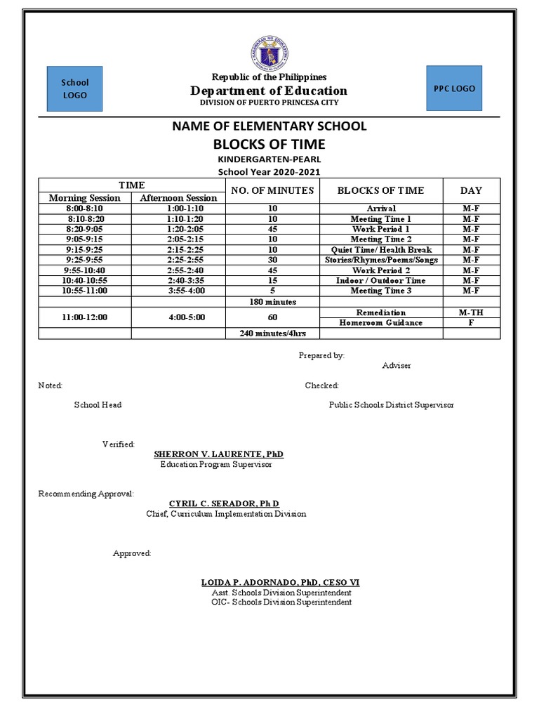 Kindergarten Blocks of Time 1 PDF Schools Educational Institutions