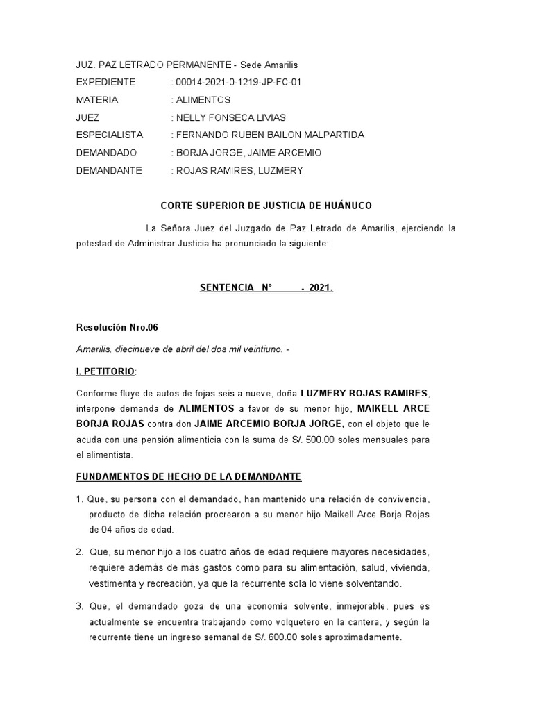 Sentencia de Alimentos Con Contestacion Exp. 000142021 PDF Pensión