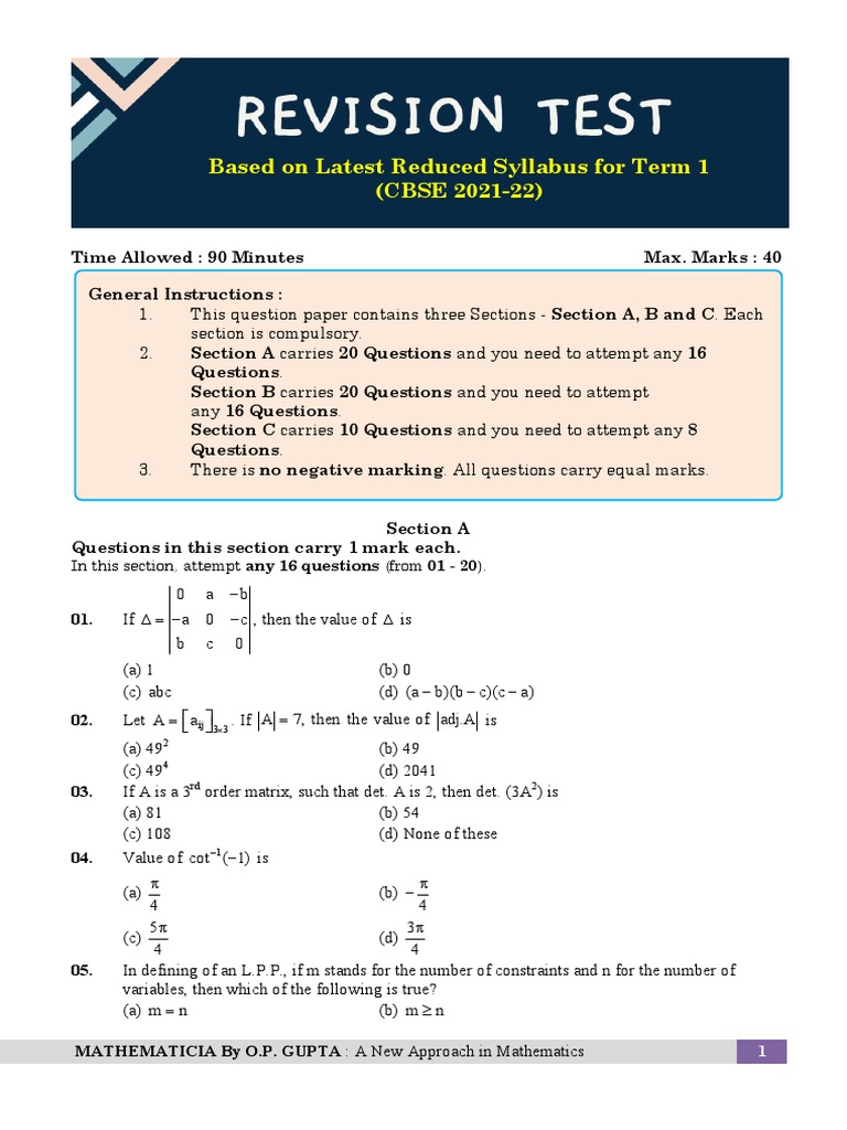 Revision Test-1 | PDF | Function (Mathematics) | Linear Programming