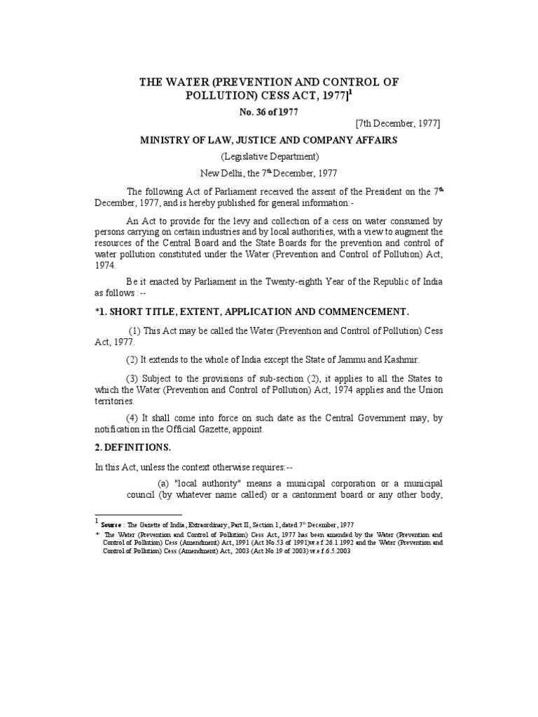 The Water Prevention And Control Of Pollution Cess Act 1977 Pdf