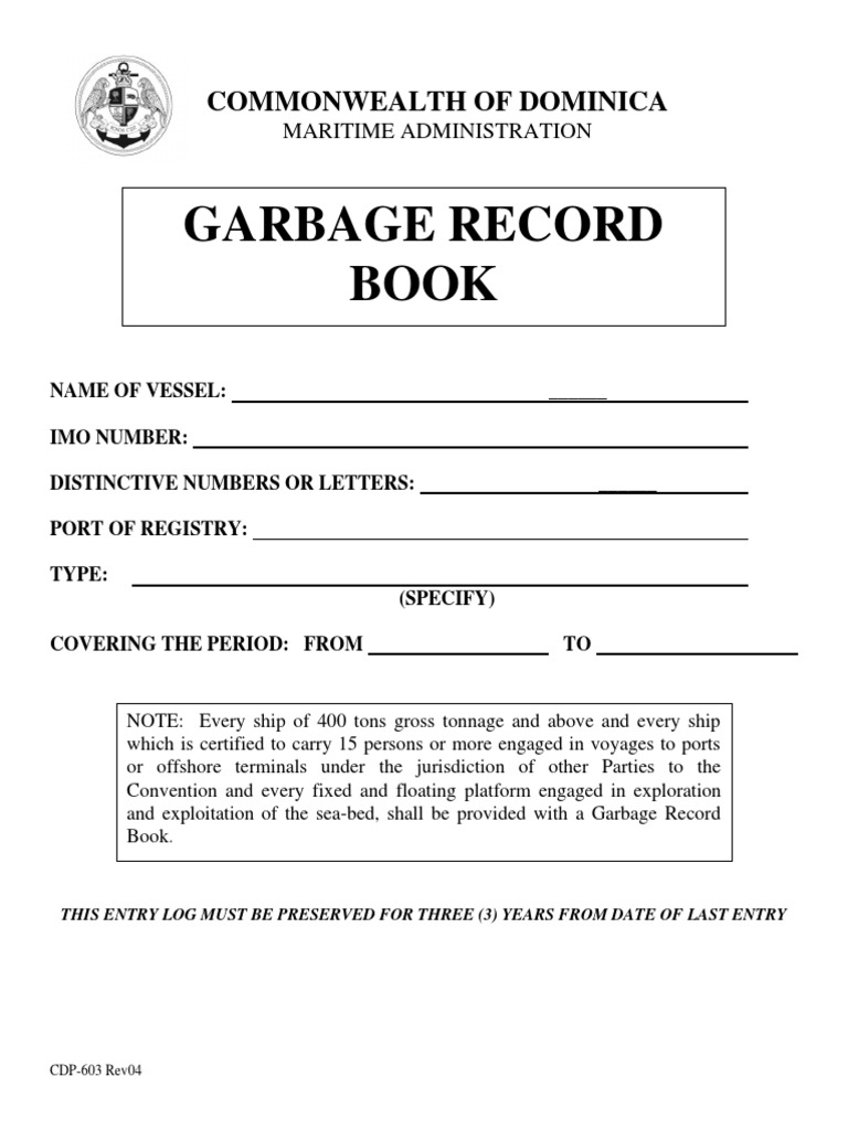 Garbage Record Book Guidelines | PDF | Ships | Shipping
