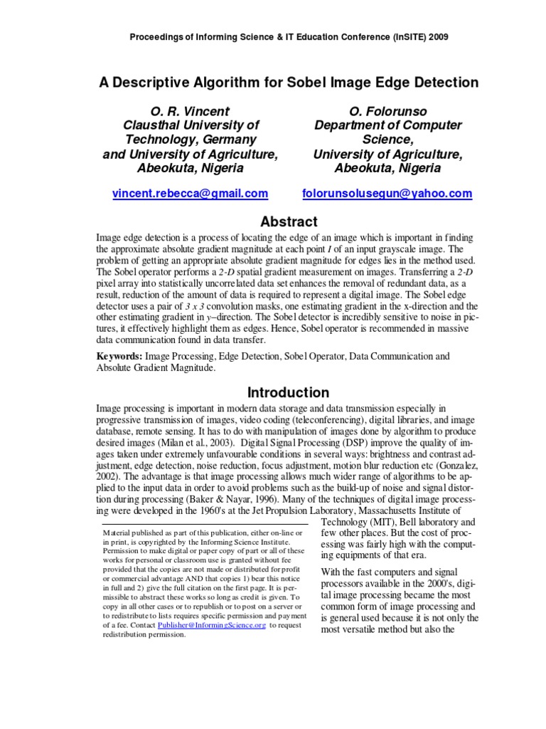 A Descriptive Algorithm For Sobel Image Edge Detection | PDF