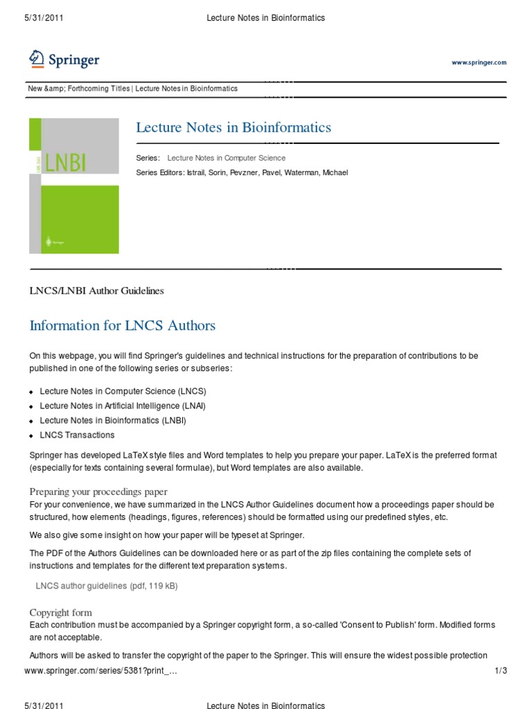 Lecture notes in bioinformatics lncs lnbi author guidelines pdf
