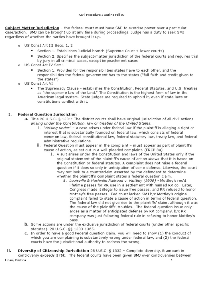 Civil Proceedure 2225358 | PDF | Supplemental Jurisdiction | Diversity ...