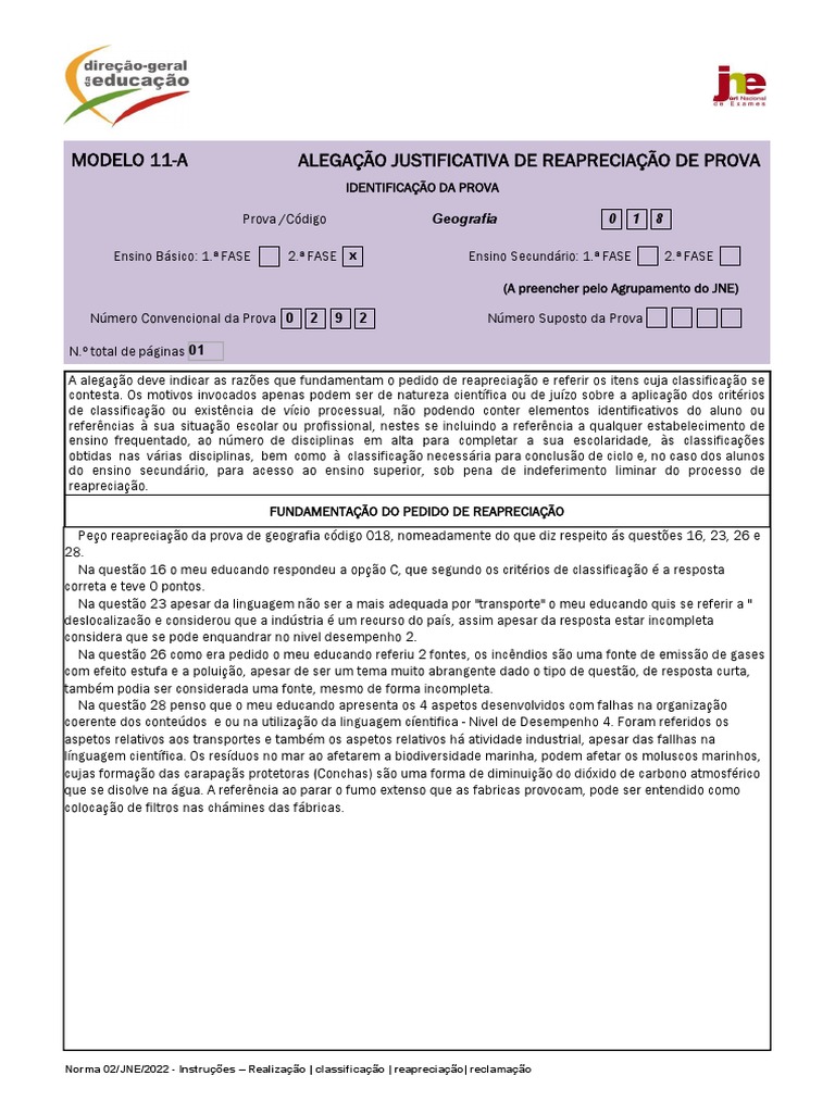 Reapreciação de Prova: Justificativas e Modelo | PDF | Ensino médio
